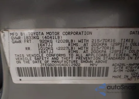 2004 Toyota Rav4 from USA, damaged, VIN JTEGD20V040012922